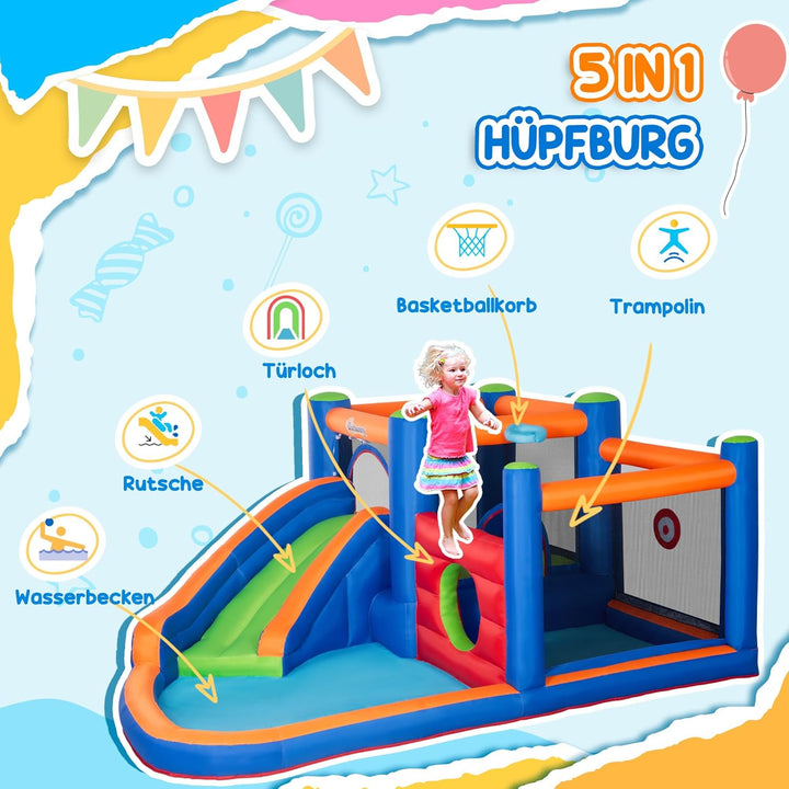 Outsunny Aufblasbare Hüpfburg Wasserpark mit Gebläse Hüpfburg mit Wasserrutsche Basketballkorb Aufbl
