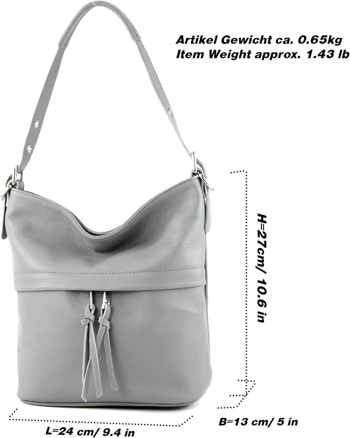 modamoda de - T178 - ital. Umhängetasche Schultertasche aus Leder Graphitgrau, Graphitgrau