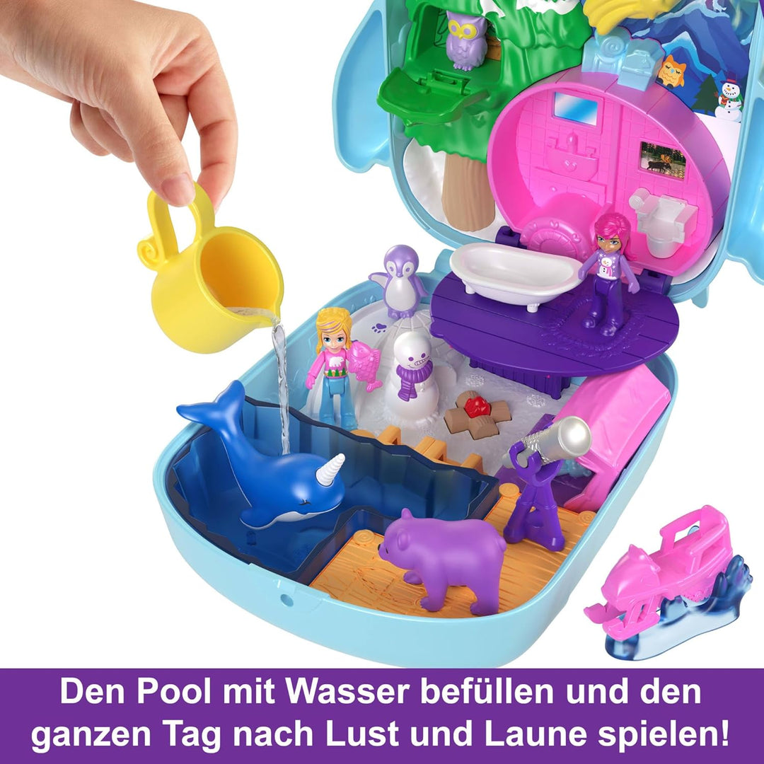Polly Pocket Pyjamaparty Schnee-Eule - Spielset mit Wasserspass und 2 Teilen mit Farbwechseleffekt,