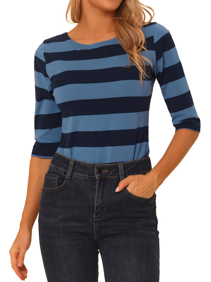 Allegra K Damen Gestreiftes Shirt U Boot Ausschnitt Halbarm Party Ferien Streifen Top Bluse S Blau D