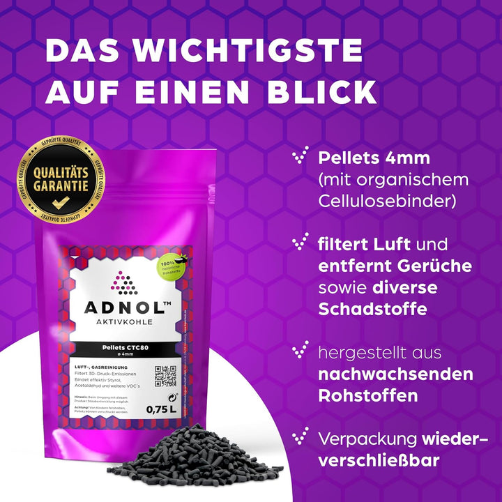 Aktivkohle Pellets 0,75 Liter für Luftfilter 3D Drucker Verbesserung der Raumluft, CTC80, Durchmesse