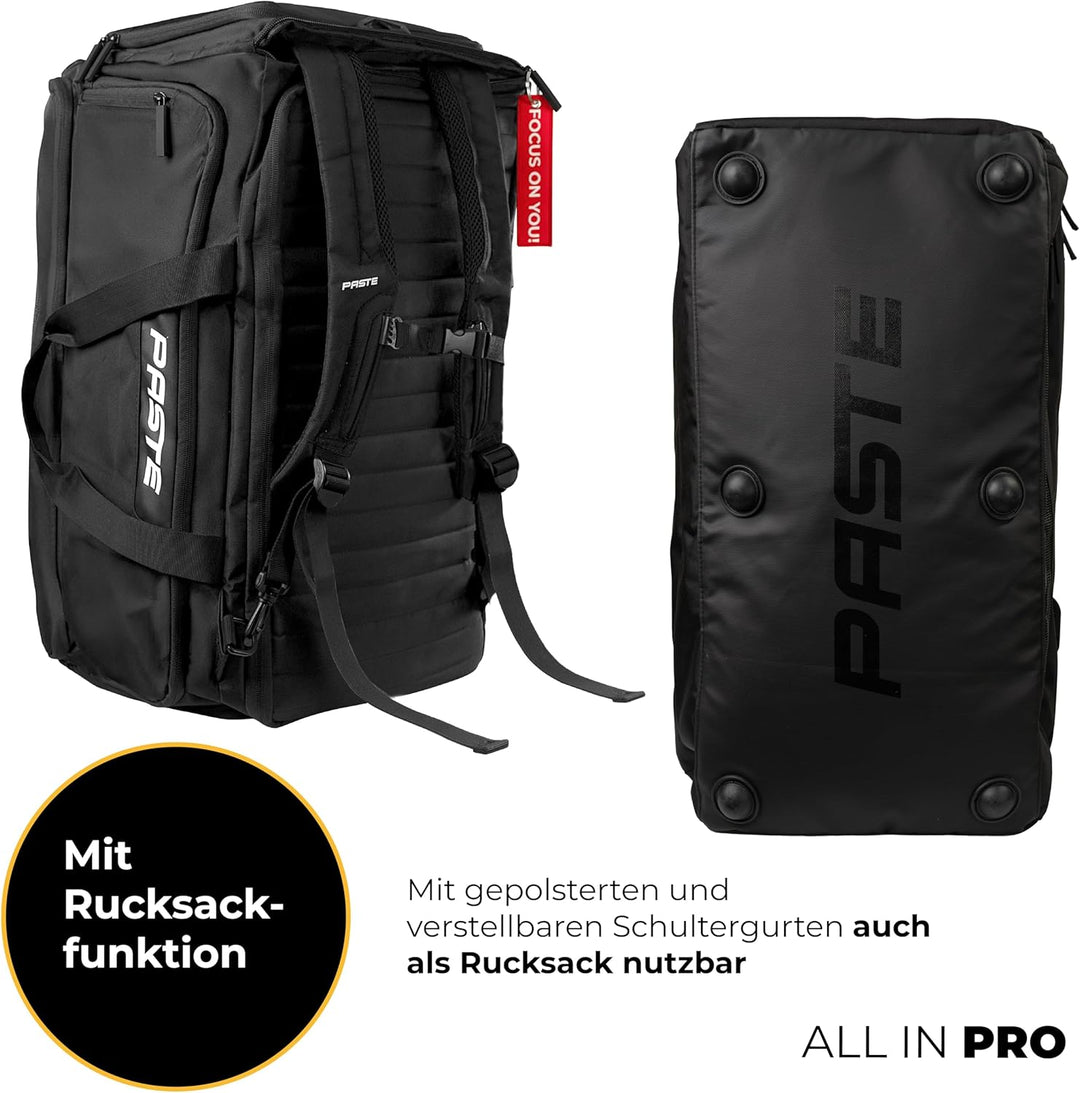 PASTE® - Premium Sporttasche 63L mit Rucksackfunktion und Kühlfunktion, Schuhfach & Nassfach Schwarz