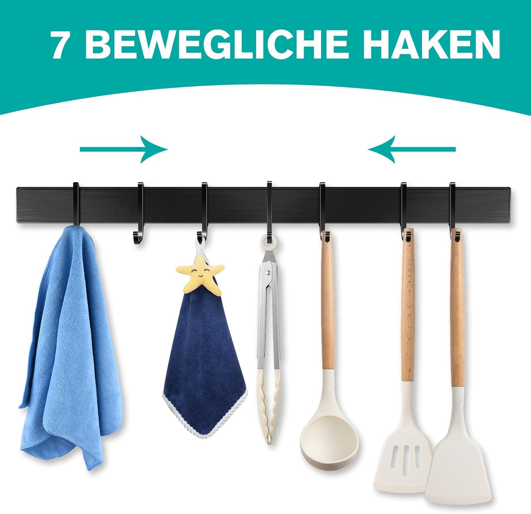 Poprkdre Hakenleiste Küche 40cm, Küchenhalterung ohne Bohren mit 7 abnehmbaren Haken, Aluminium küch
