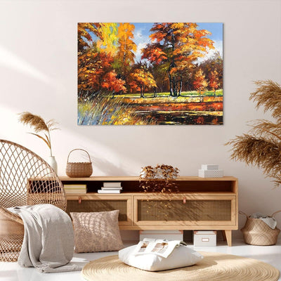 Bilder auf Leinwand 100x70cm Leinwandbild mit Rahmen Park Herbst Wasser Gross Wanddeko Bild Schlafzi