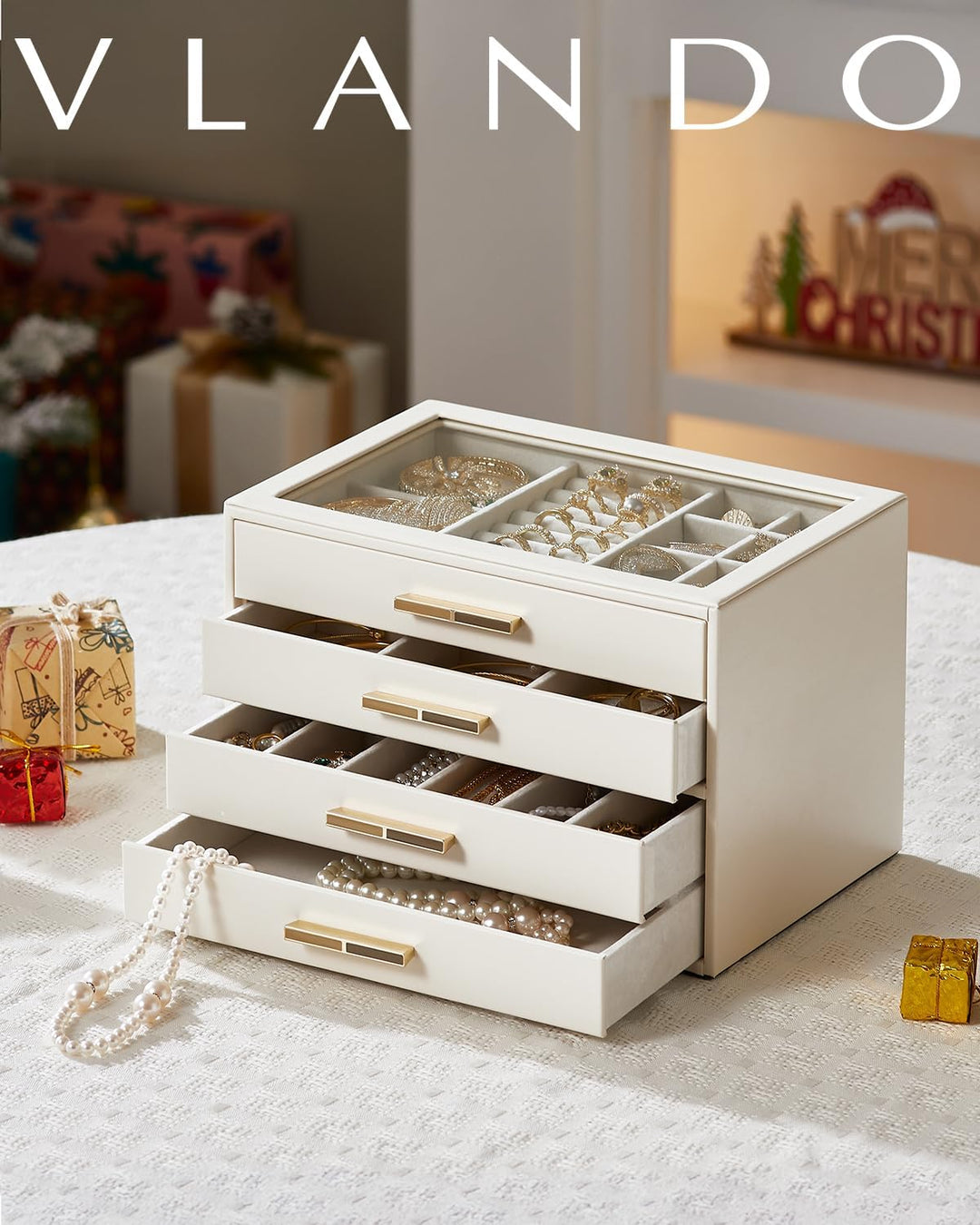 VLANDO Schmuckkästchen Gross, Schmuckkasten mit 4 Ebenen, Schmuck Organizer mit Glasdeckel, 4 Schubl