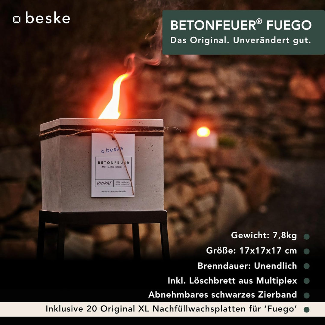 Betonfeuer® - DAS ORIGINAL | Modell 'Fuego' | 17x17x17cm mit Dauerdocht | Premium Kerzenfresser Made