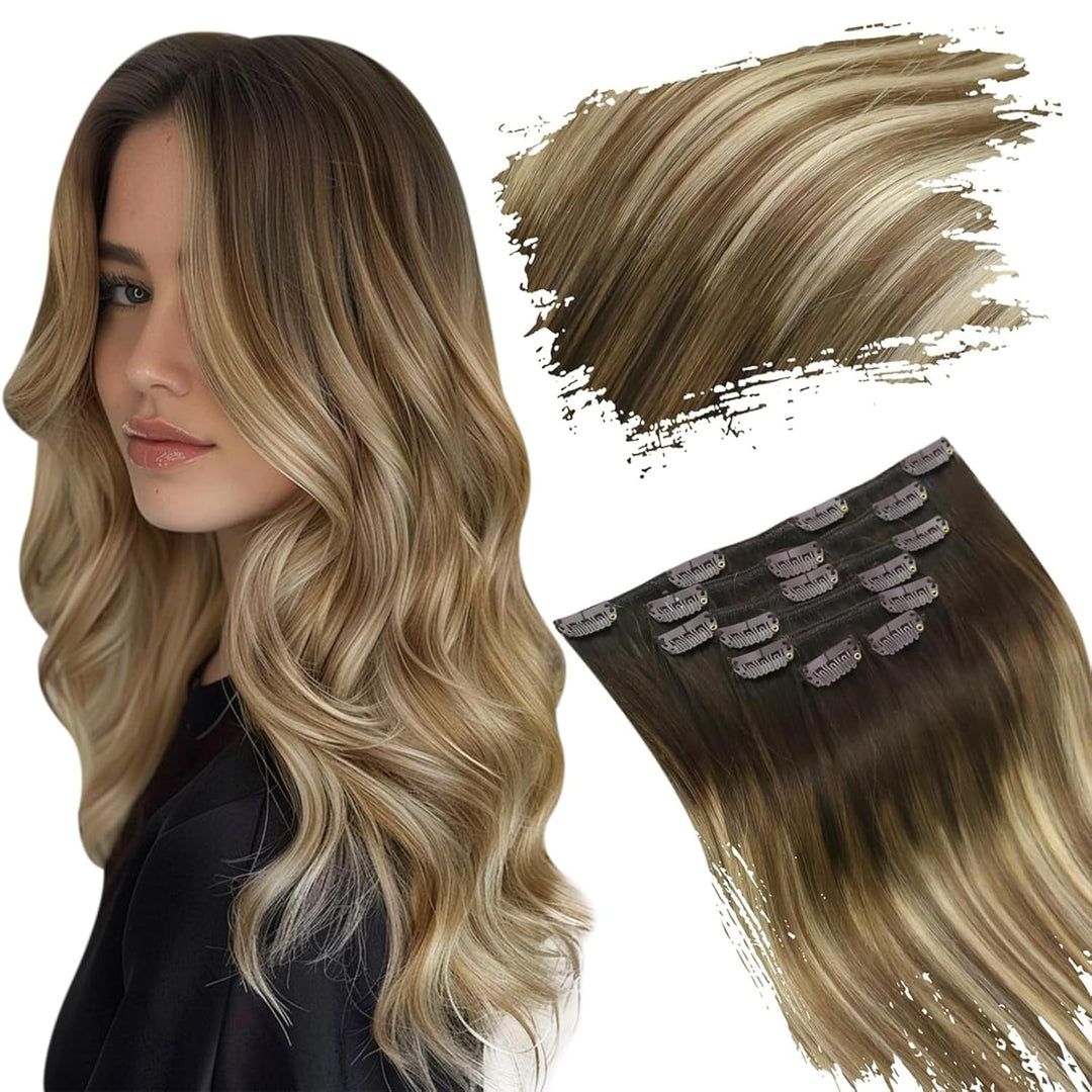 Ugeat 55cm Echthaar Extensions 120 Gramm Clip in Echthaar Tressen Clips Echthaar Dunkel Braun bis Mi