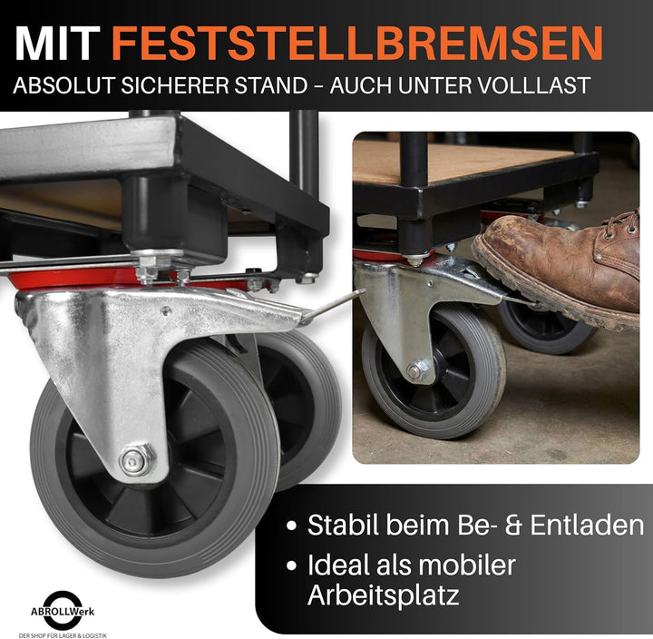 Etagenwagen schwarz 400 kg Traglast – Rollwagen mit 2 Ebenen & Vollgummireifen – Plattformwagen Stah