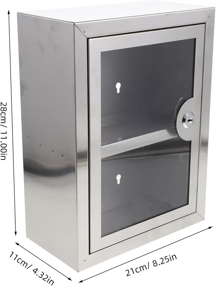 Abschliessbare Medikamentenbox aus Metall mit 2 Ablagen Transparente Tür Wandmontage Edelstahl für K