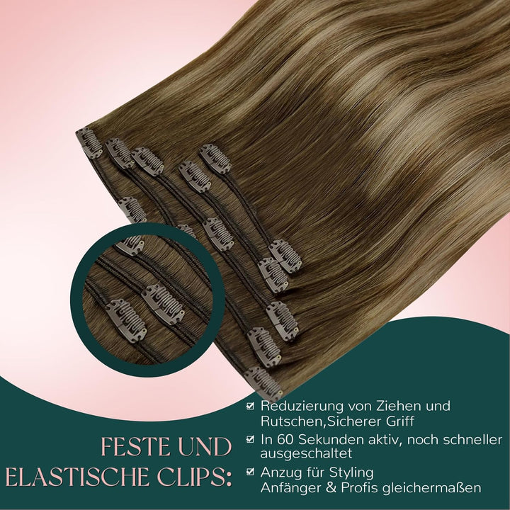 Easyouth Echthaar Clip Extensions Remy Echthaar Clip in Extensions Farbe Mittelbraun Mix Honigblond