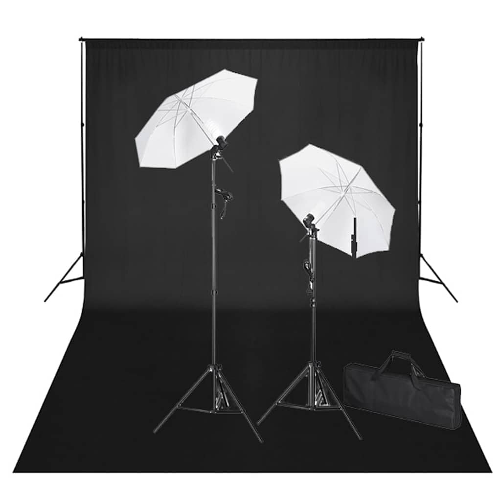 Fotostudio-Set mit schwarzem Hintergrund 600x300 cm, 2 Tageslichtleuchten, Stative, Schirme, Beleuch