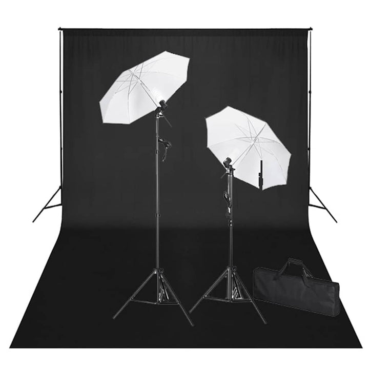 Fotostudio-Set mit schwarzem Hintergrund 600x300 cm, 2 Tageslichtleuchten, Stative, Schirme, Beleuch
