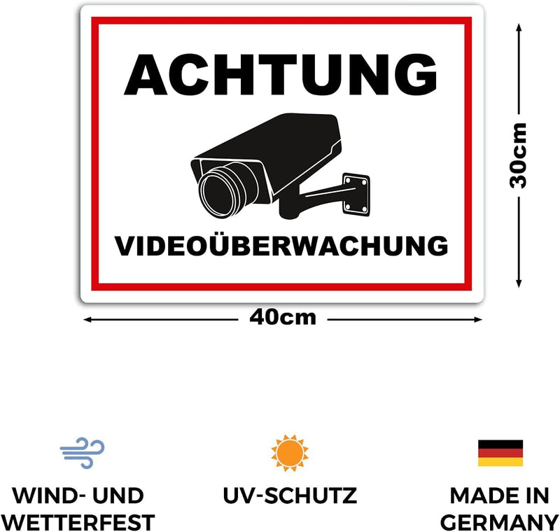 2 Stück XXL Achtung Videoüberwachung Schild 40 x 30 cm aus stabiler PVC Hartschaumplatte 5mm dieser