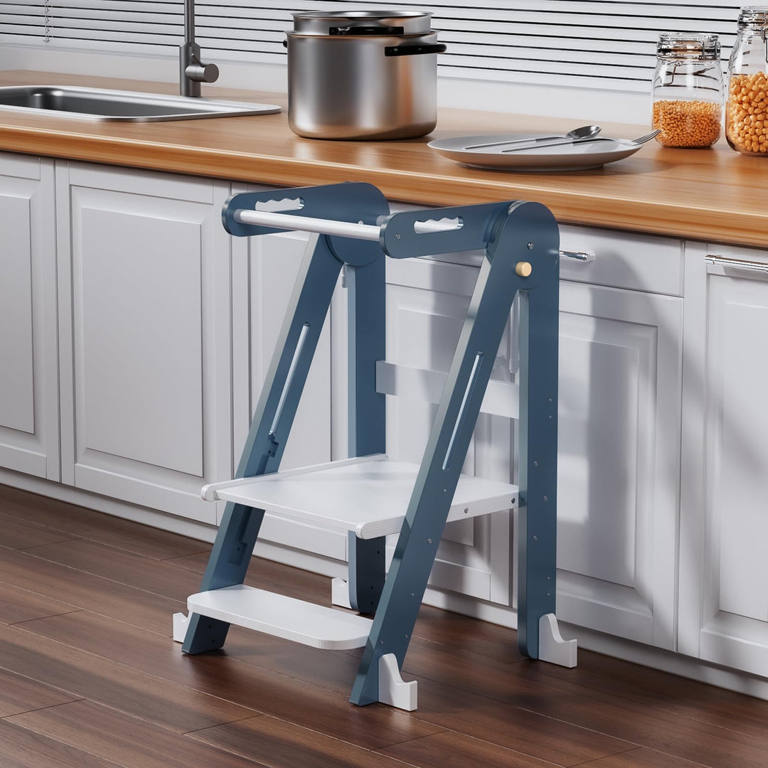 Klappbarer Toddler Tower Tritthocker, Höhenverstellbarer Kinderhocker mit Sicherheitsleiste & Rutsch