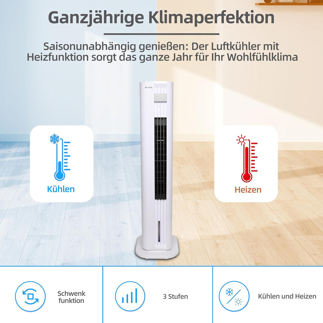 Turmluftkühler mit Heizfunktion – 4,5L Wassertank – 75W Kühlleistung &amp; 3000W Heizen – 3 Geschwindigk