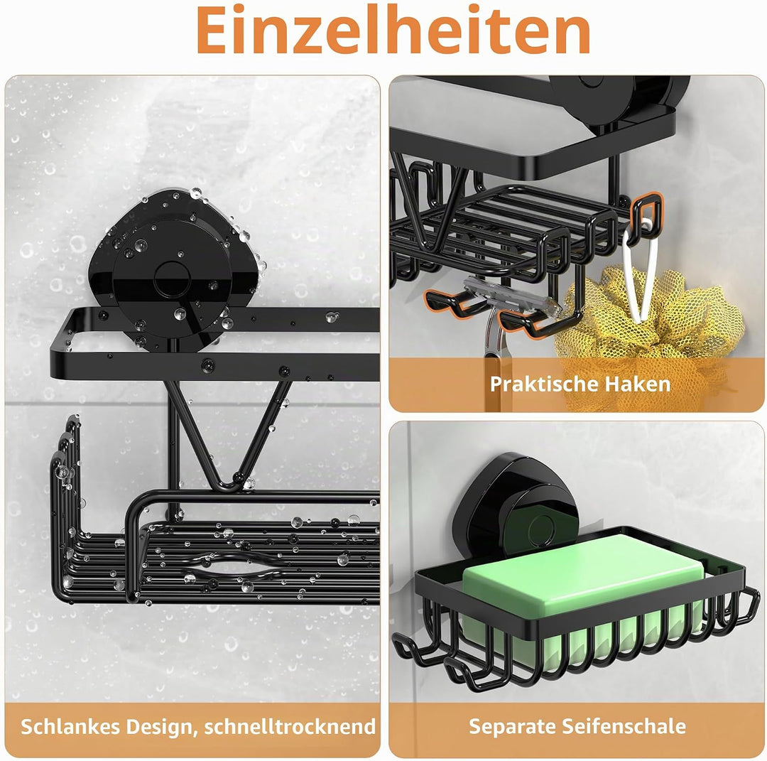 ZUNTO Badezimmer-Saugnapfregal – 3-teilig, Schwarz, Edelstahl, Montage ohne Bohren