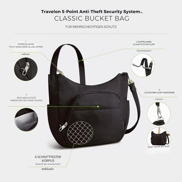 Travelon Damen Diebstahlsicher Umhängetasche, Scharz, 25 Zoll EU 25 Zoll Scharz, 25 Zoll Scharz