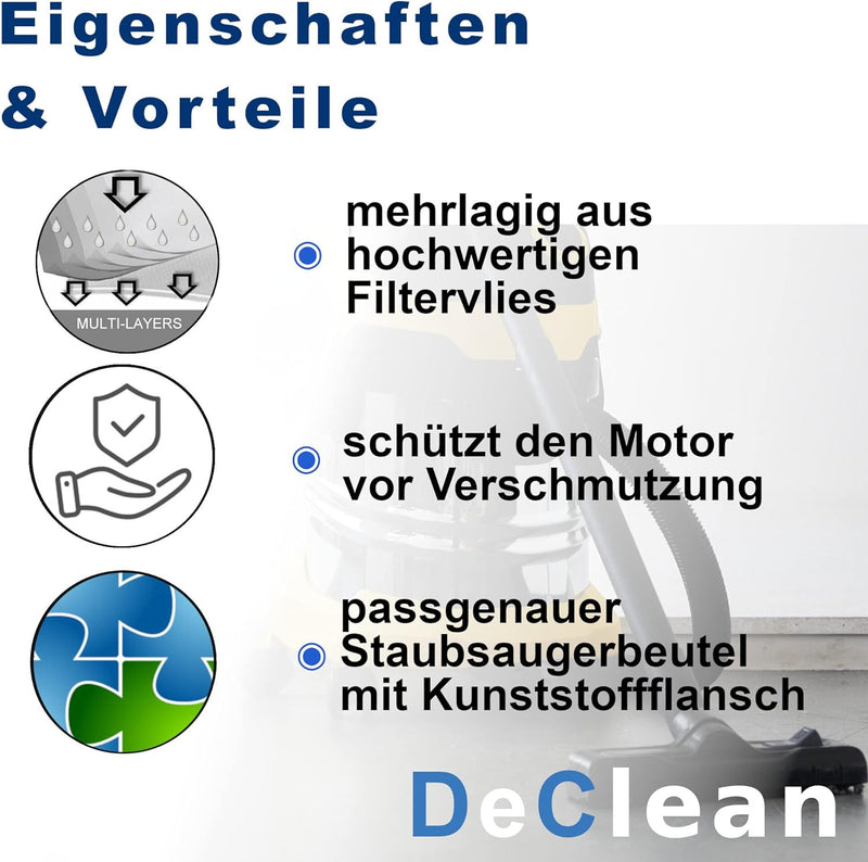 DeClean 20 Staubsaugerbeutel kompatibel mit Kärcher Vliesfilterbeutel KFI 487, 2.863-006.0 (005.0)/S