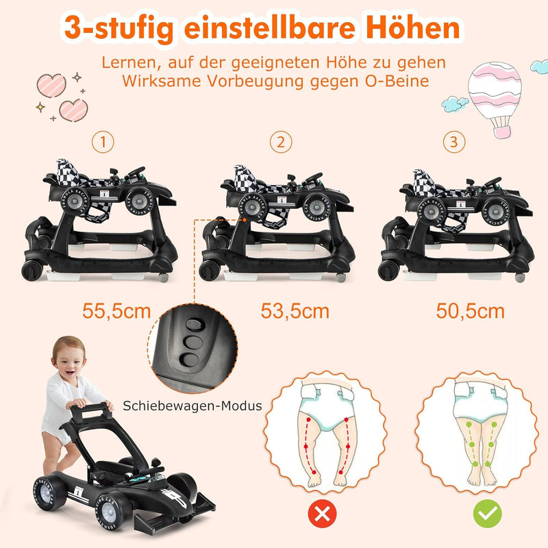 GOPLUS 4 in 1 Baby Lauflernhilfe, Lauflernwagen höhenverstellbar mit Licht & Musik, Baby Walker Auto