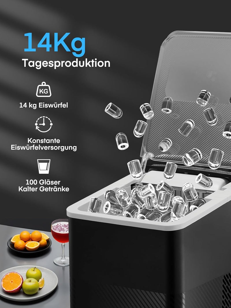 FOHERE Eiswürfelmaschine Klein, 12 Kg/24h, 9 Eiswürfel in 5 Minuten, 2 Eiswürfel Grössen, Selbstrein