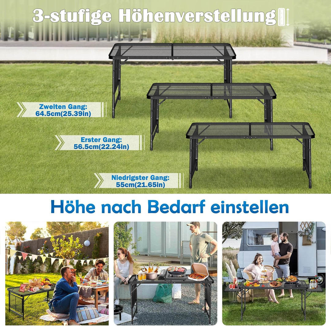 AufuN Tragbare Campingtische 120x60x55cm, 3 Höhenverstellbar Klappbarer Multifunktionstisch, Grillti