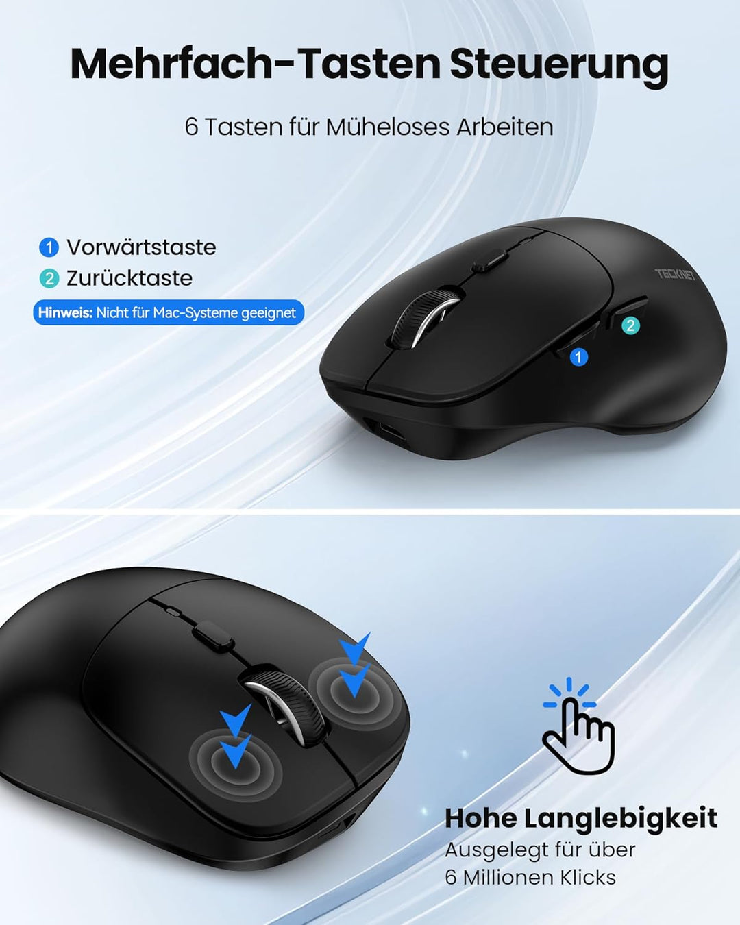 TECKNET Bluetooth Maus Wiederaufladbar, Maus Kabellos (Tri-Modi: BT5.0/3.0 + 2.4G) mit Ergonomische