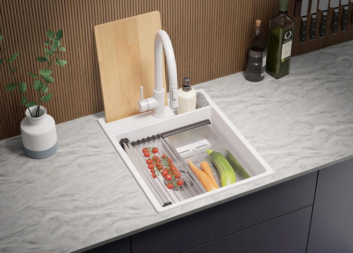 Spülbecken Weiss 43x53 cm, Granitspüle 1 Becken + Ablauf-Set + Küchenarmatur, Küchenspüle ab 45er Un