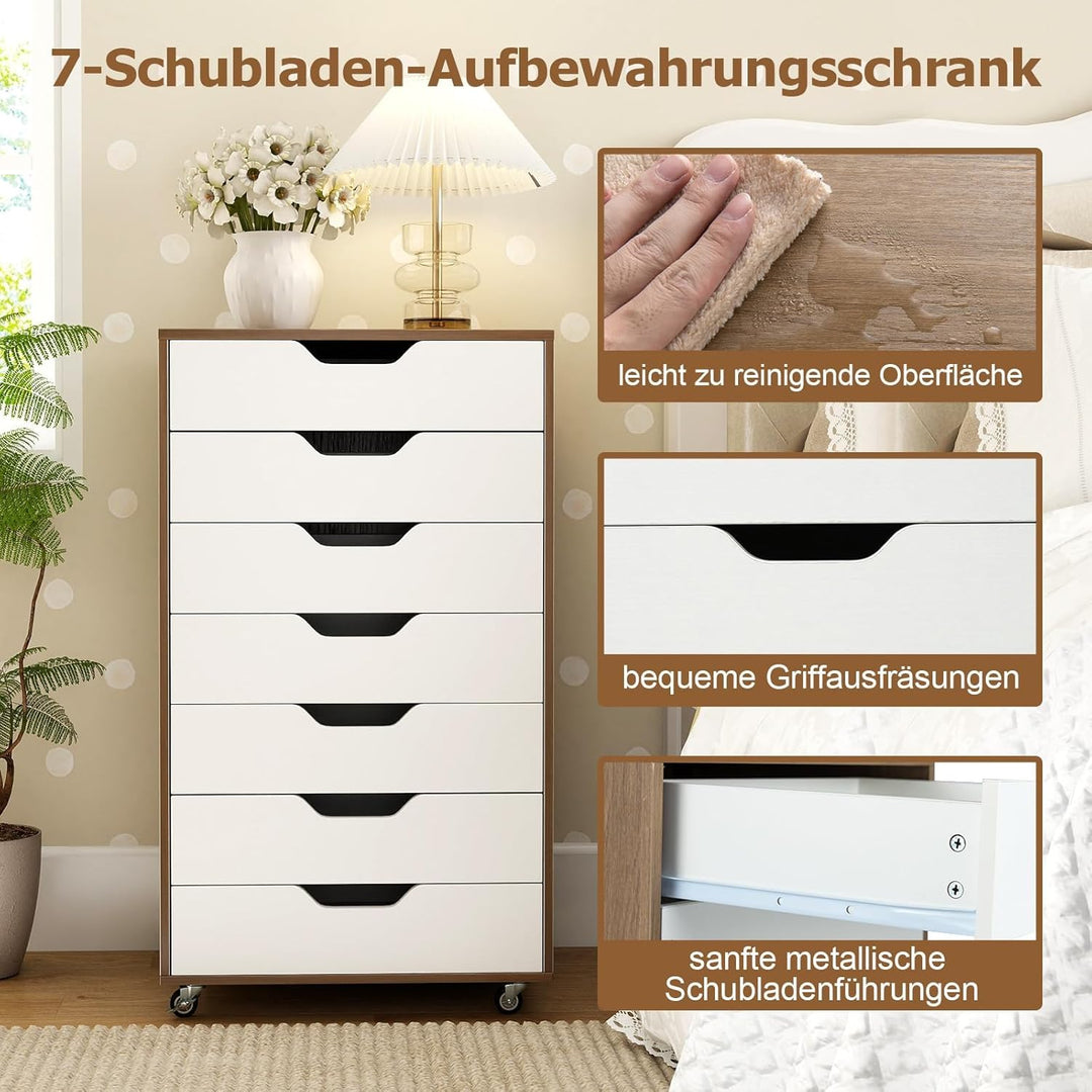 COSTWAY Rollcontainer mit 7 Schubladen, mobiler Aktenschrank mit Rädern, Bürocontainer Schubladensch