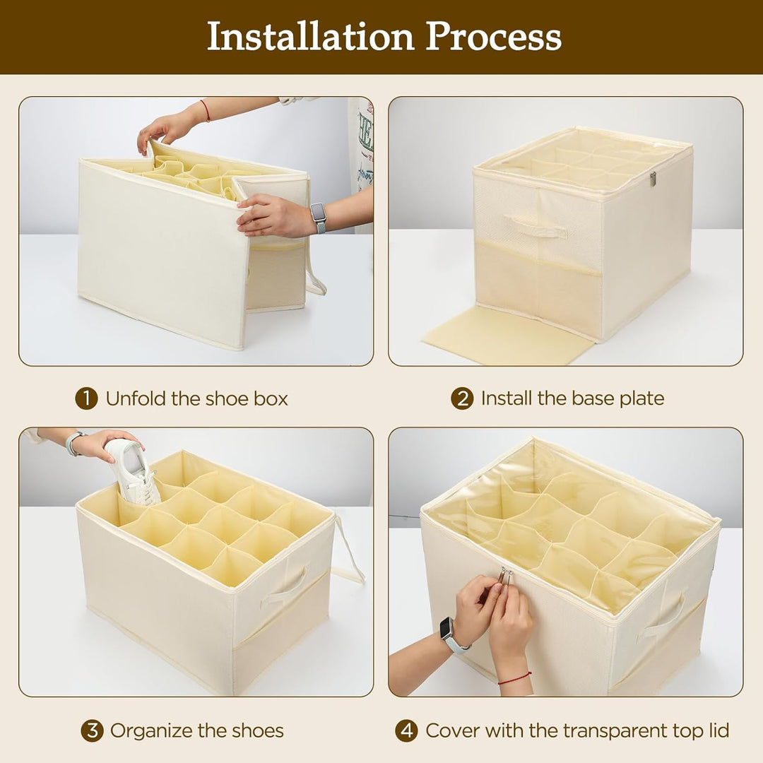 Romon Schuhorganizer, Beige, Passt 12 Paar Schuhe, Schuhbox mit Durchsichtigem Deckel und Henkeln, V