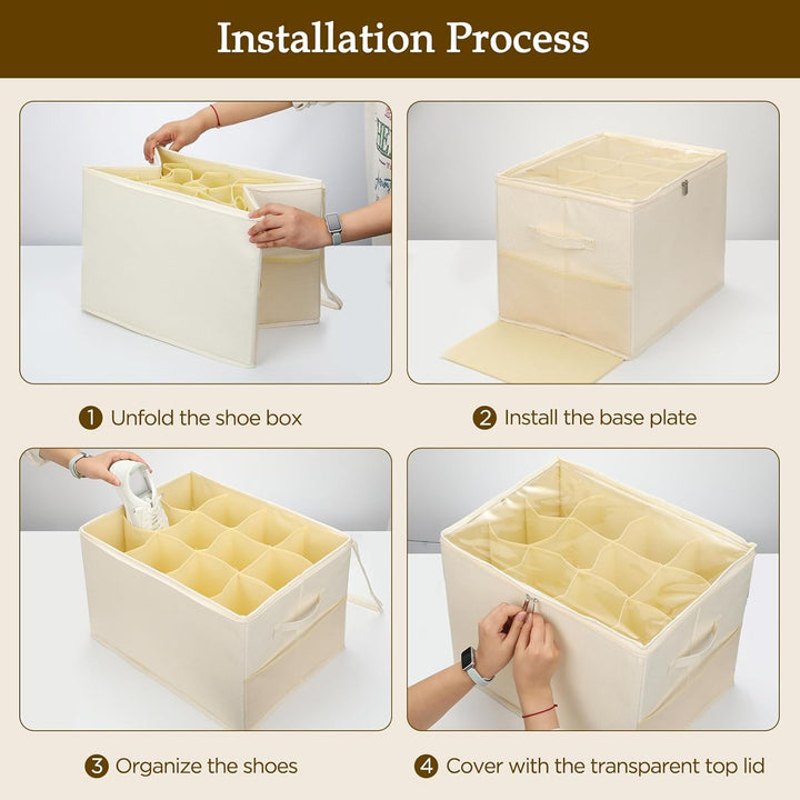 Romon Schuhorganizer, Beige, Passt 12 Paar Schuhe, Schuhbox mit Durchsichtigem Deckel und Henkeln, V