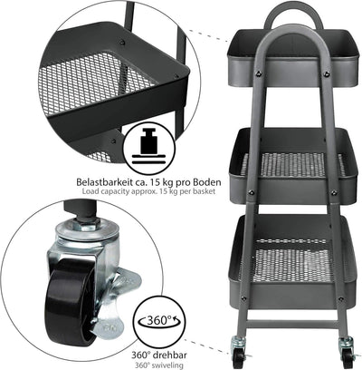 ONVAYA® Servierwagen Silvio | Beistellwagen | dunkelgrau | 30,5 x 45 x 77 cm | 3 Fächer | Multifunkt