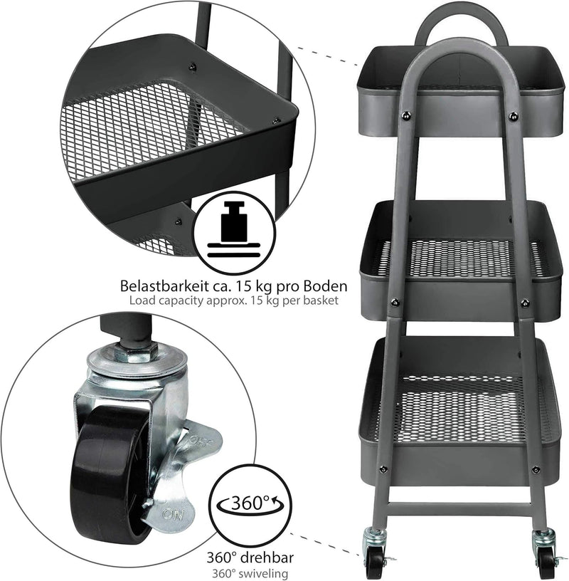 ONVAYA® Servierwagen Silvio | Beistellwagen | dunkelgrau | 30,5 x 45 x 77 cm | 3 Fächer | Multifunkt