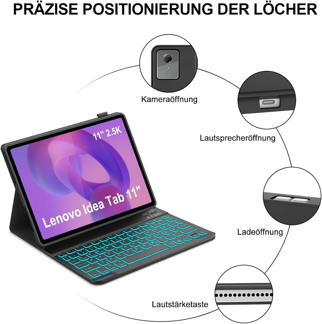 IVEOPPE Hülle mit Tastatur für Lenovo idea Tab 11" 2025, 7 Farbige Beleuchtung, Bluetooth Abnehmbare