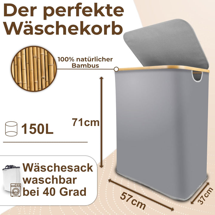 Luxpur® Wäschekorb XXL mit Deckel 3 Fächer Wäschesack Bambus Wäsche-Sortier-System Faltbare Wäschebo