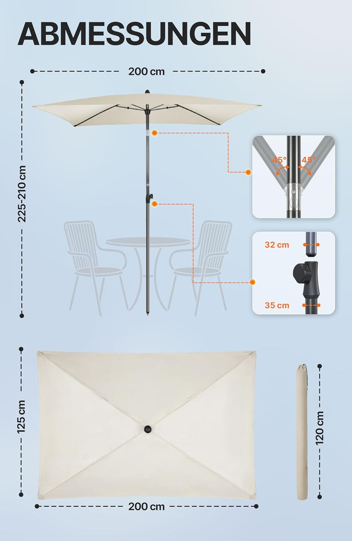 4smile Sonnenschirm Balkon mit Kurbel, Sonnenschirm rechteckig 200x125 cm, Sonnenschutz Balkon mit U