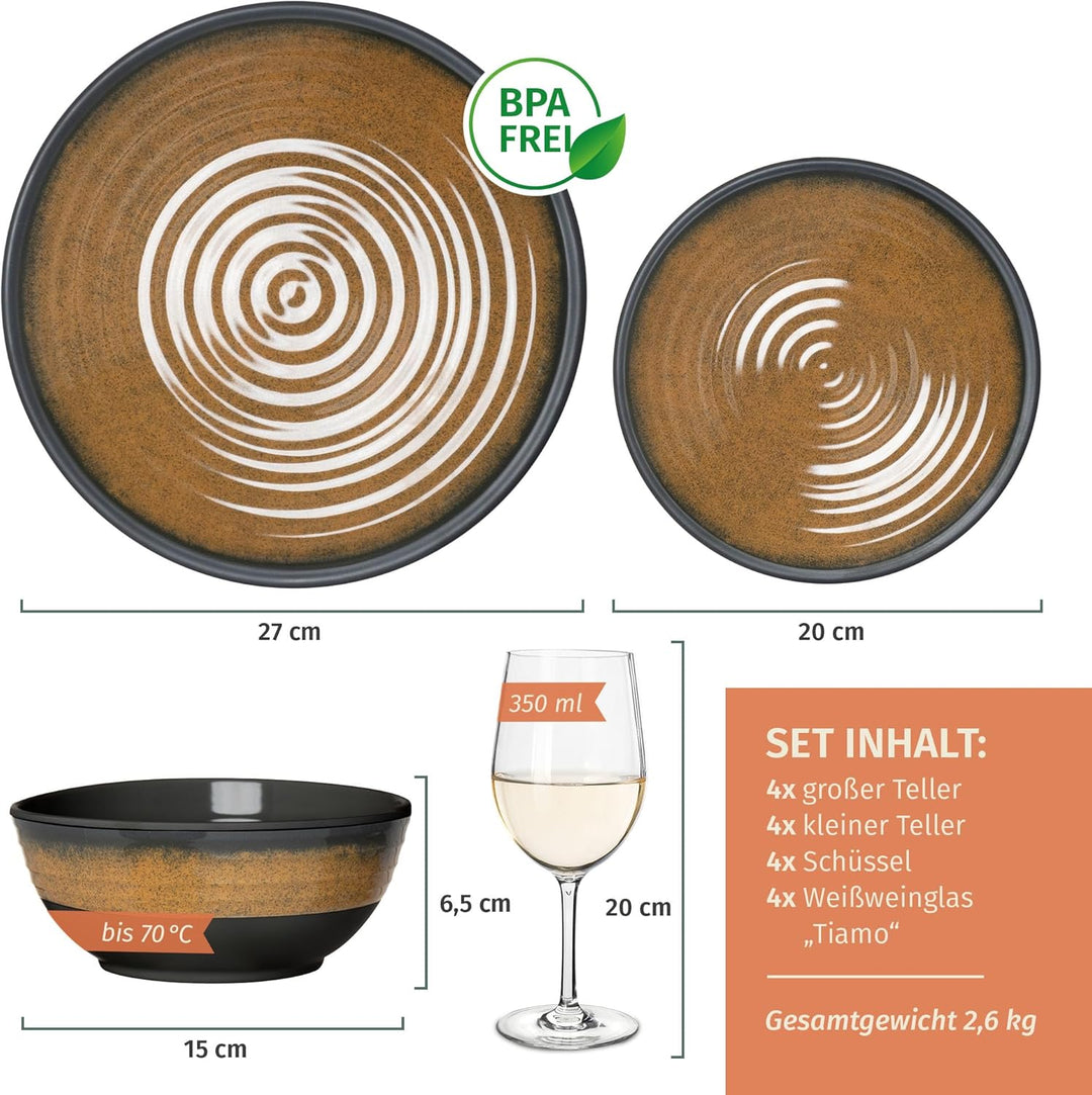 Melamin Camping Geschirr Set 4 Personen Stone Curry + 4 Timo Weiss Weingläser Tafelgeschirr Picknick