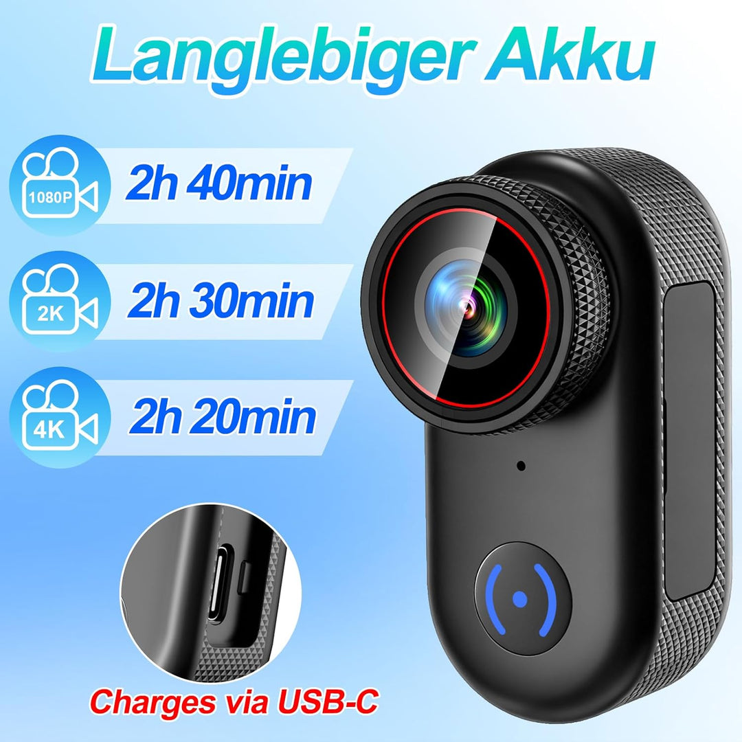 Mini Action Kamera 4K 44g Helmkamera Bodycam Motorrad Outdoor | 1,47 Zoll Display, Vertikalmodus, 14
