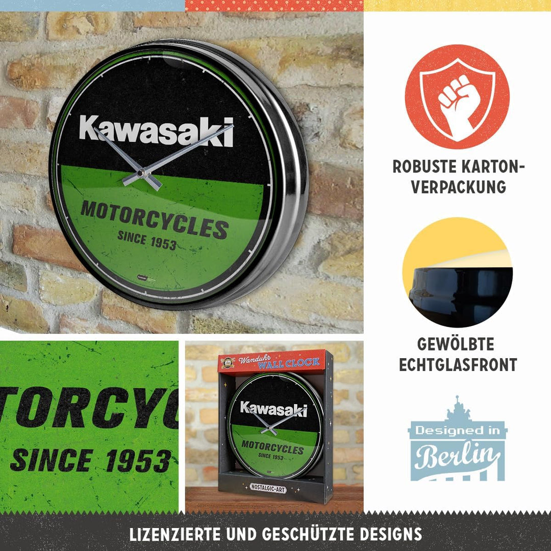 Nostalgic-Art Retro Wanduhr, Ø 31 cm, Kawasaki – Motorcycles – Geschenk-Idee für Biker, Original Liz