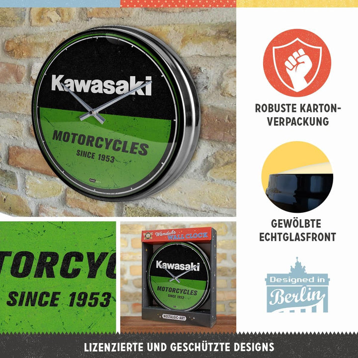 Nostalgic-Art Retro Wanduhr, Ø 31 cm, Kawasaki – Motorcycles – Geschenk-Idee für Biker, Original Liz