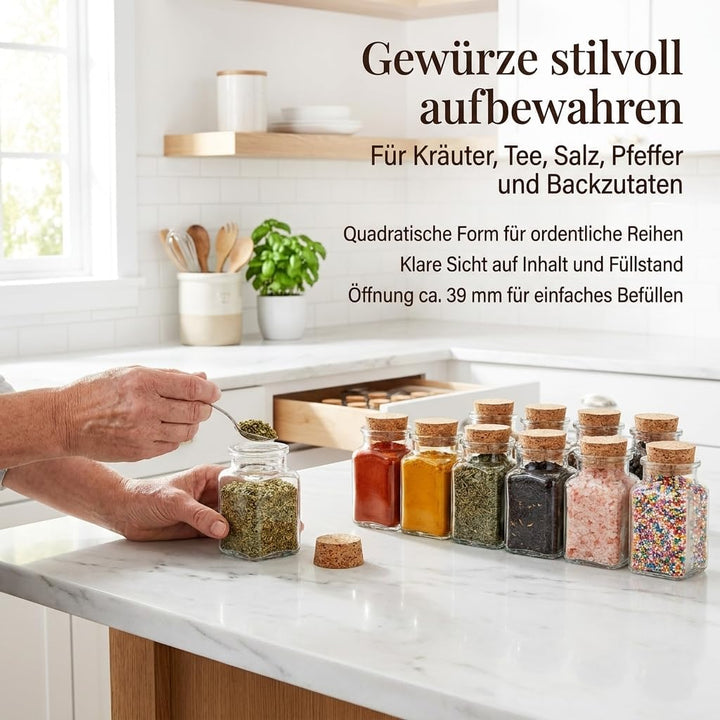 gouveo 24er Set Gewürzgläser 150 ml eckig mit Korken - Kleine Korkengläser mit Korkverschluss - Leer