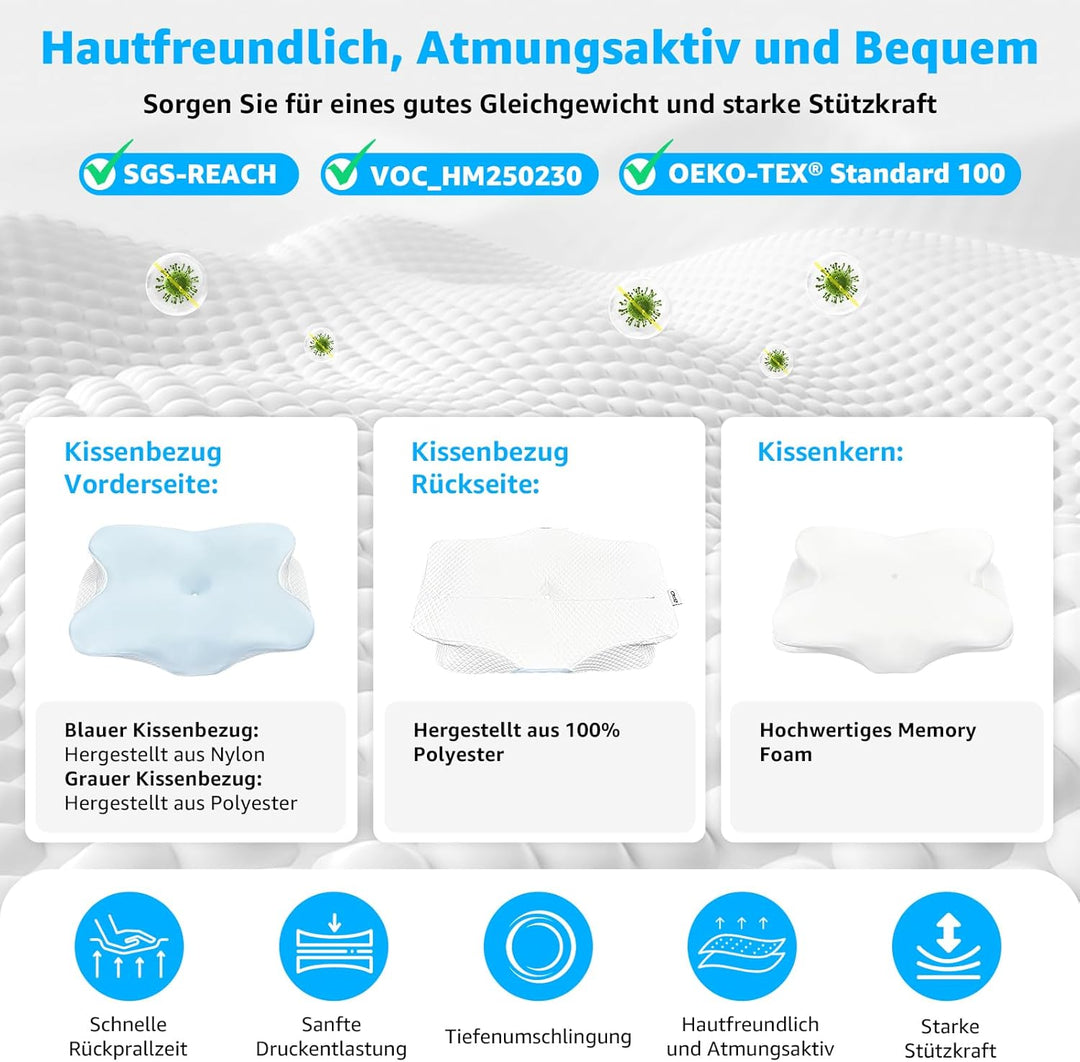 BRO Nackenstützkissen Memory Foam Kissen mit 2 Kissenbezügen Ergonomisches Kopfkissen Seitenschläfer