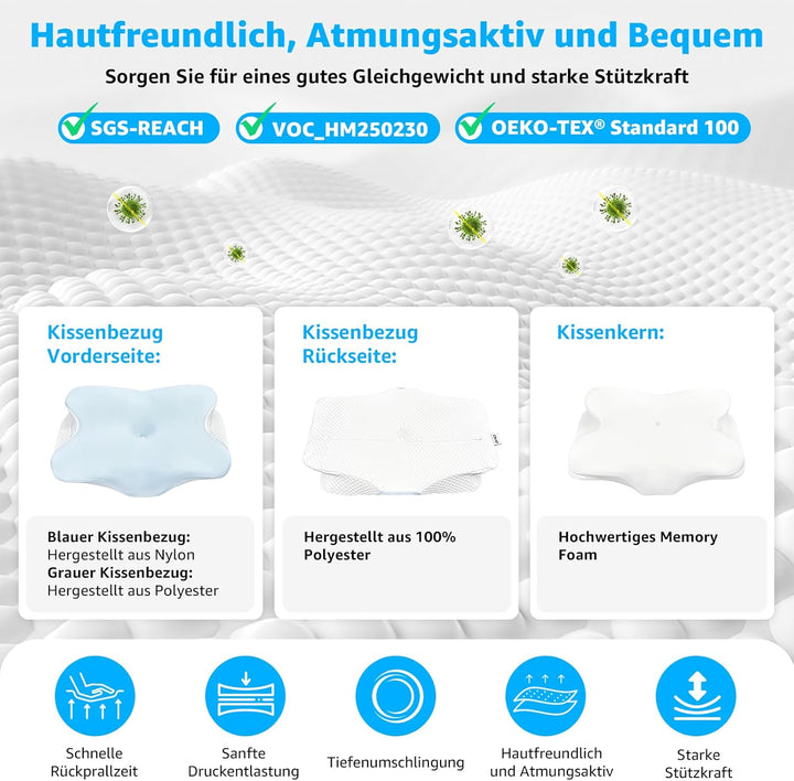 BRO Nackenstützkissen Memory Foam Kissen mit 2 Kissenbezügen Ergonomisches Kopfkissen Seitenschläfer