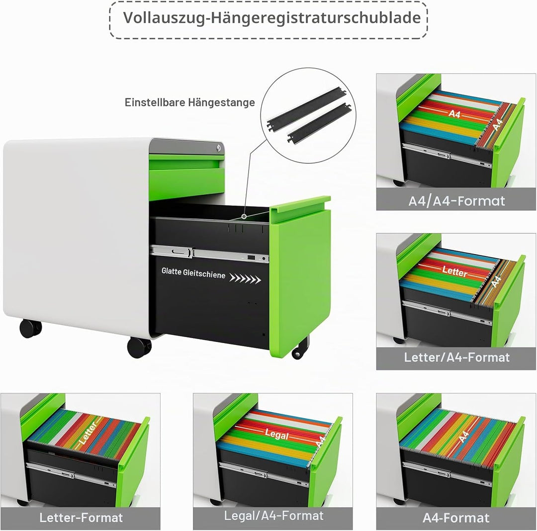 Dripex Metall Rollcontainer Stahl Rollcontainer mit 2 Schubladen und Hängeregistratur Abschliessbare