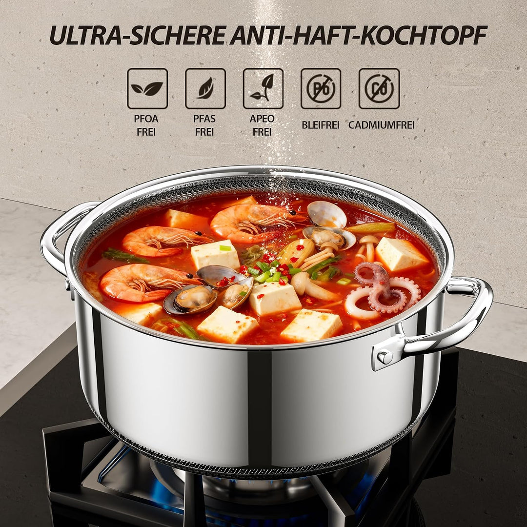 Kochtopf mit Deckel Hybrid 24cm/3.3L, Suppentopf Induktion Antihaft, Kühl bleibender Griff, Spülmasc