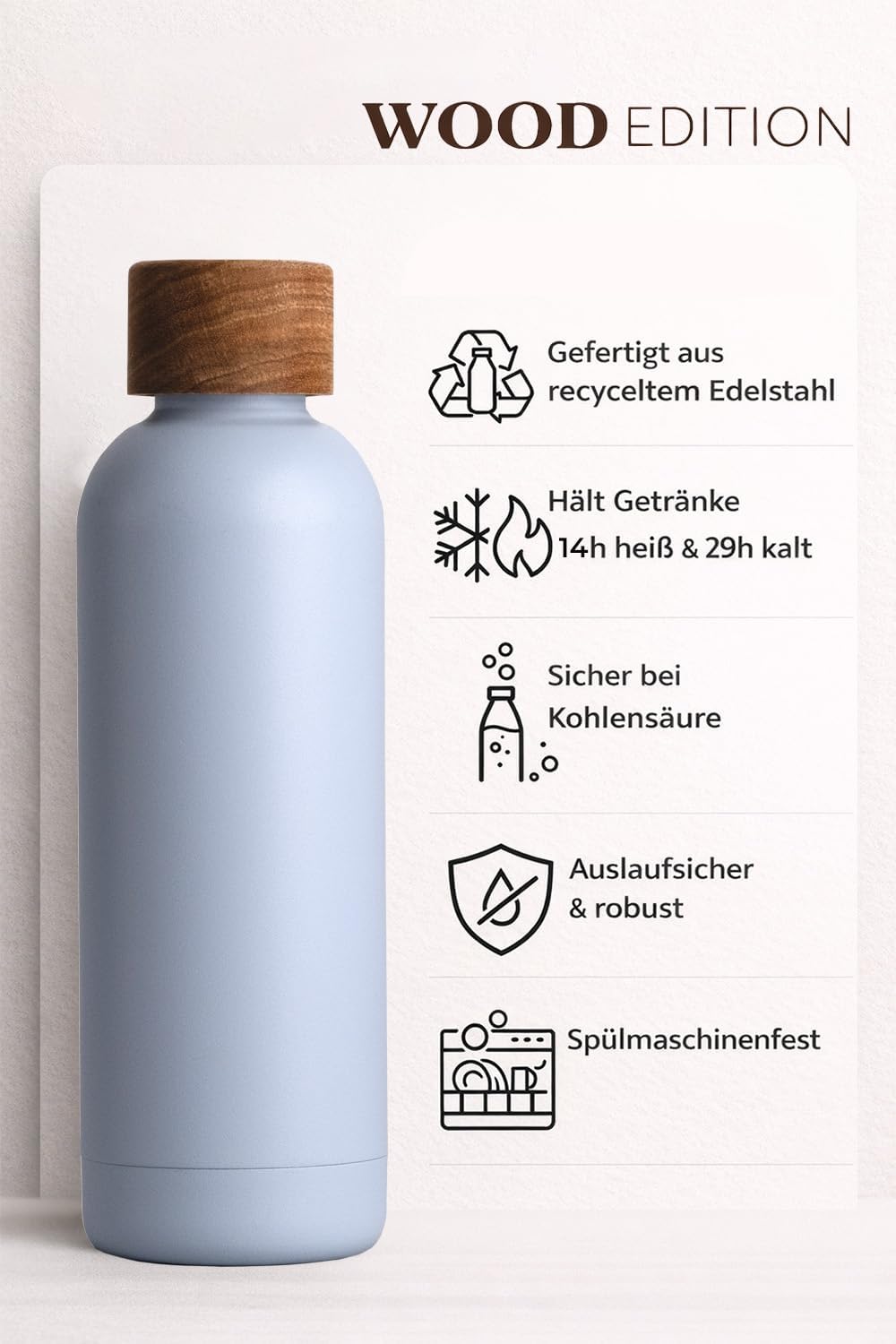 T&N Edelstahl Trinkflasche 500ml, Thermosflasche 0.5l mit Akazienholz Deckel, Isolierte Wasserflasch