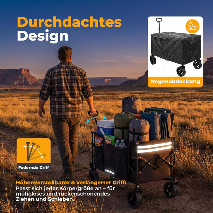 Homecall Bollerwagen Faltbar 200L, Bis 200KG mit Regenschutz, Bremsen | Strandwagen Klappbar mit Ref