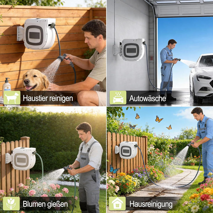 30m Gartenschlauch Schlauchtrommel Wandmontage, Automatik Aufrollfunktion,10 Funktionen Sprühdüse, 1