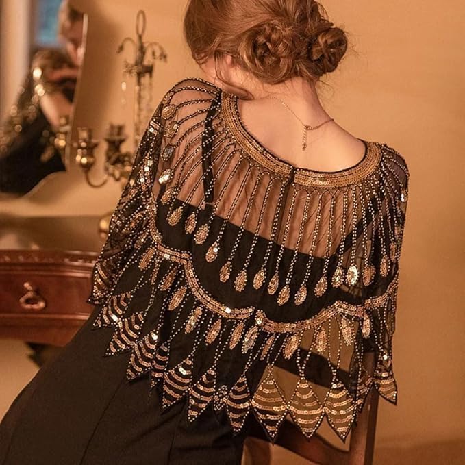 Damen Abend Glitzerschal 1920er Kleid Vintage Cape Elegante Stickerei Netz-Kurzarmpullover Modische