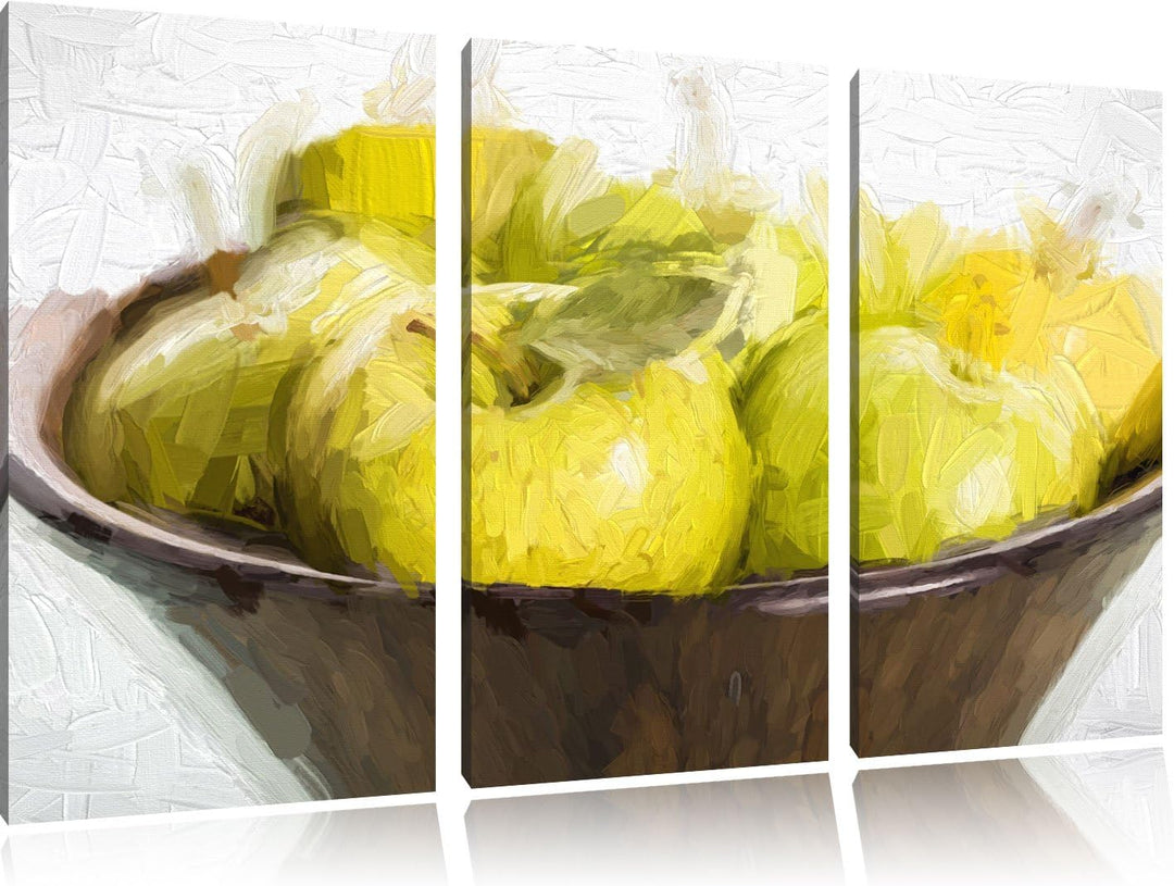 Pixxprint grünen Äpfel in Holzschale Pinsel Effekt 3-Teiler Leinwandbild 120x80 Bild auf Leinwand