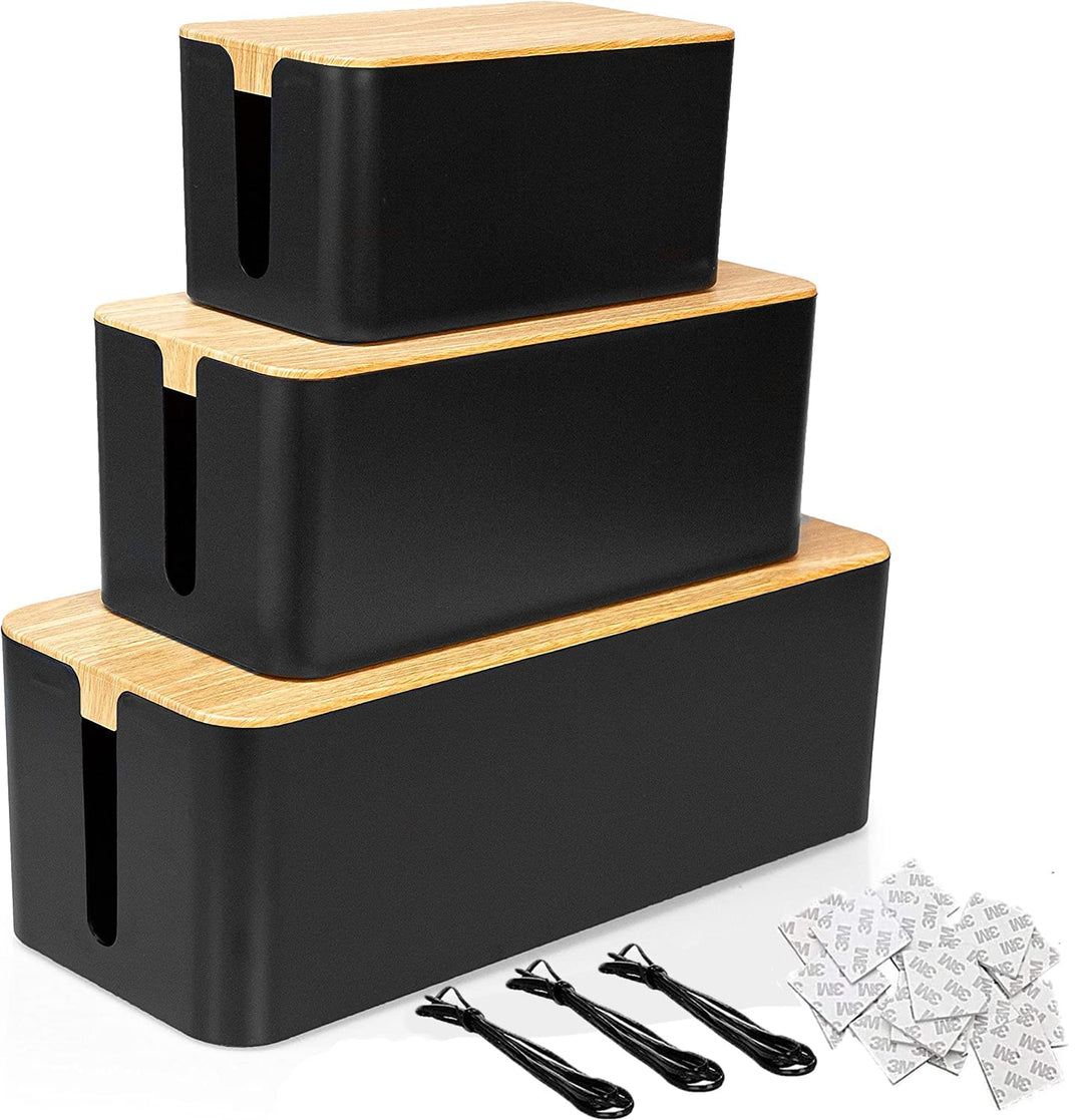SENENQU 3er-Set Kabelbox Schwarz, Grosse Kabel Organizer Box mit Holzdeckel für Kabel, Grosse und Kl